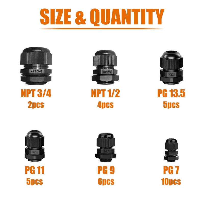 ISPINNER 32pcs Nylon Cable Gland Waterproof IP68 Adjustable 3-18mm, NPT 3/4, NPT 1/2, PG13.5, PG11, PG9, PG7 (Black) - Image 2